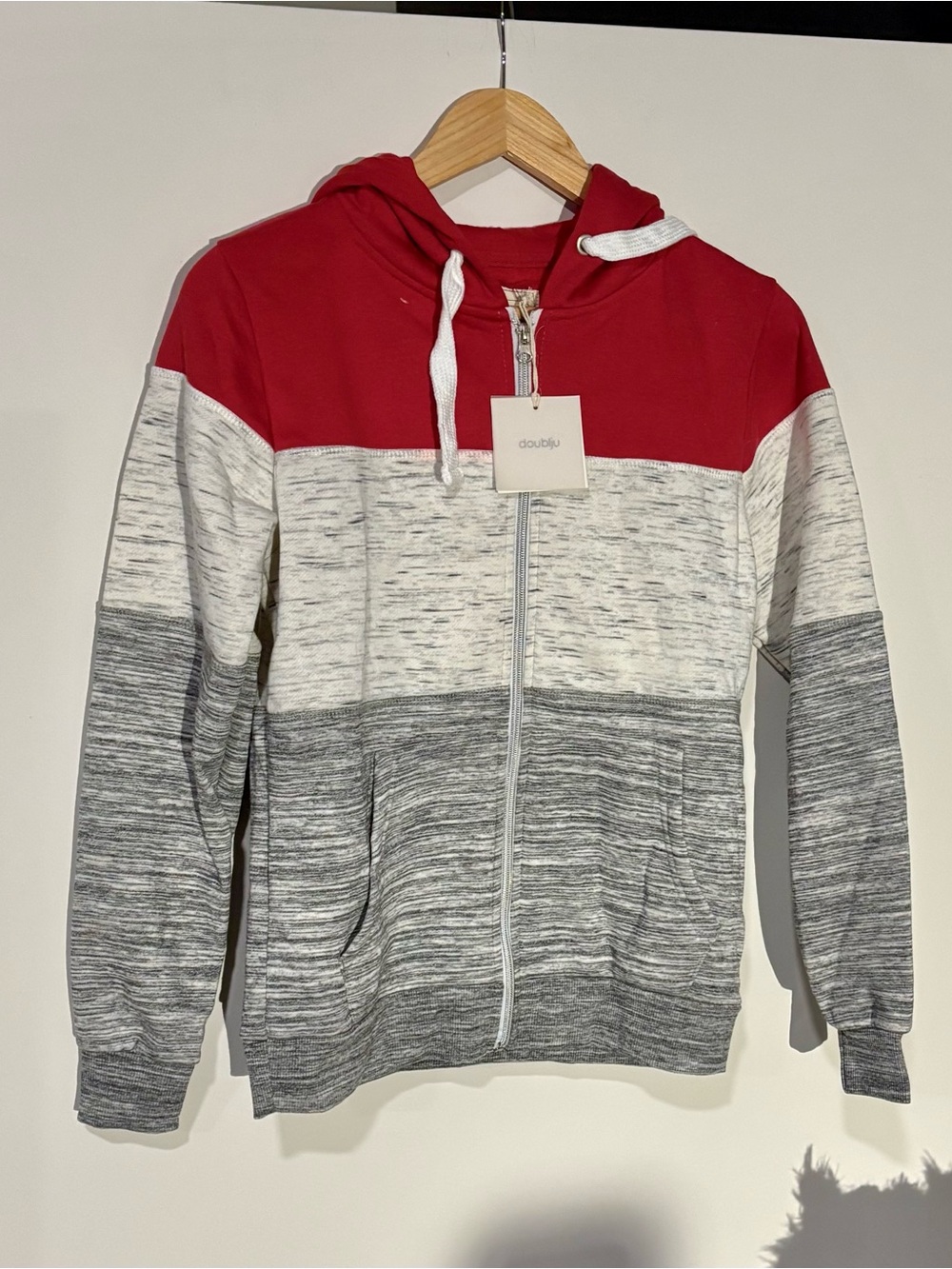 Doublju Colorblock Zip-Up Hoodie Sweater - Red, White & Gray